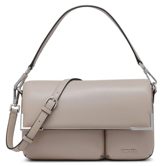 Calvin Klein Handbags - Calvin Klein Mica Flap Convertible Shoulder Bag - Silver Mink Puffy
